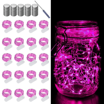LAMPHOME 20 Pack Fairy Lights Battery Operated String Lights 20 LED on 6.6FT Silvery Copper Wire Firefly Fairy String Lights for Wedding Party Mason Jar Christmas Decorations Bedroom Decor(Pink)